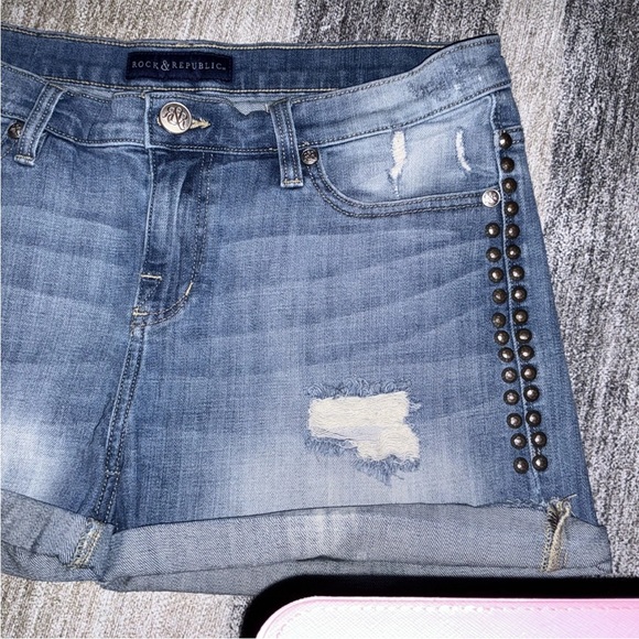 Rock & Republic Distressed Blue Jean Shorts with Studs - Picture 5 of 16